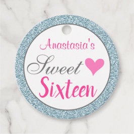 Pjattig & Glam Rosa Ljusblå Glitter Sweet Sixteen Gåvor Etiketter