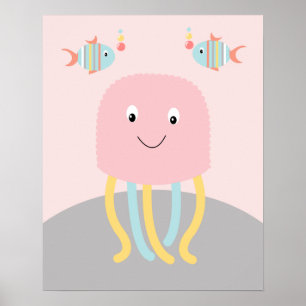 Pjättig konst med rosa maneter från havet Poster