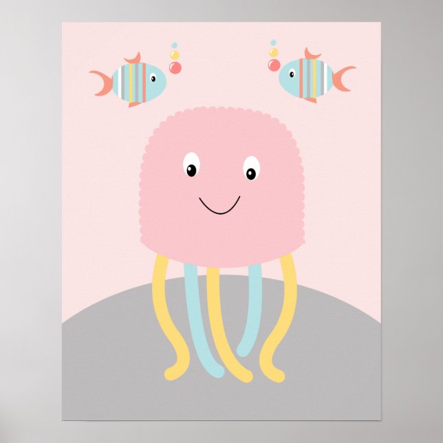 Pjättig konst med rosa maneter från havet Poster (Framsidan)