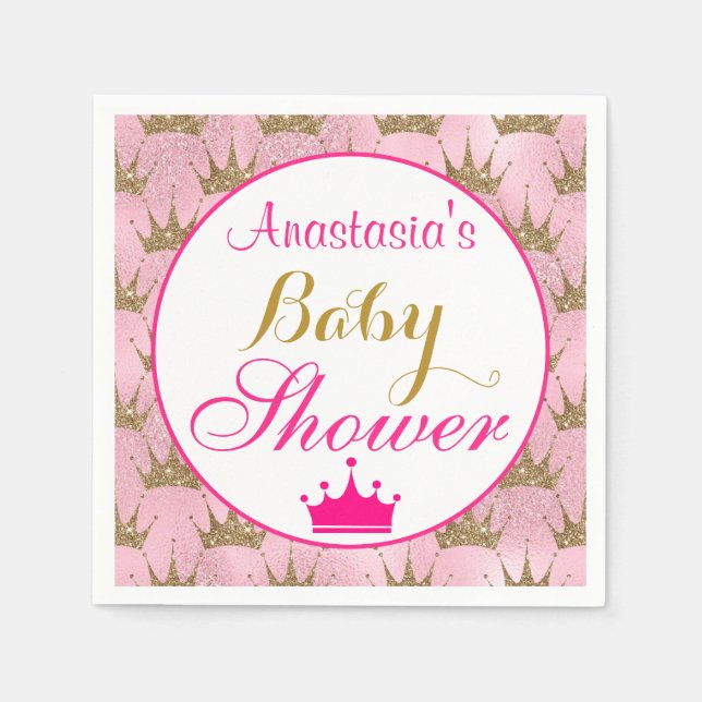 Pjättig prinsessa hetrosa & guld glitter baby show pappersservett (Framsidan)