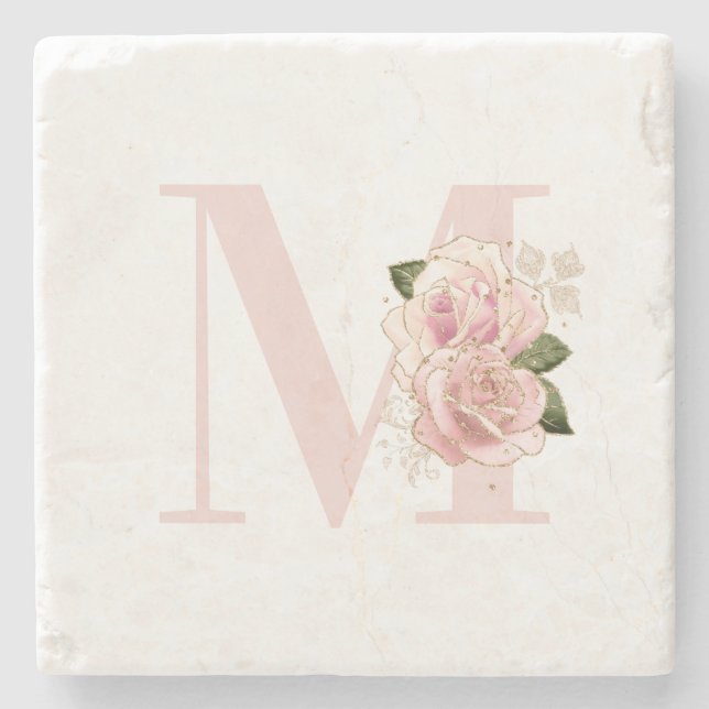 Pjattig Rosa Guld Glitter Blommig Monogram Stenunderlägg (Framsidan)