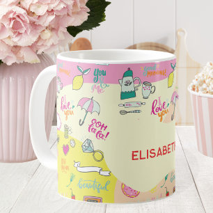 Pjättig rosa Kawaii-klotter Kaffemugg