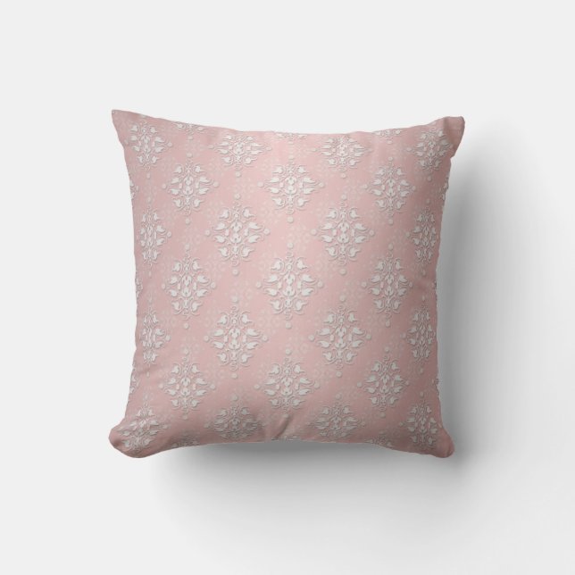 Pjattigt babyrosa och vitt damask kudde (Framsida)