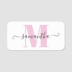 Pjattigt ljusrosa och vitt prickigt monogram namnbricka