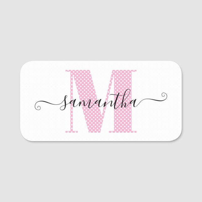 Pjattigt ljusrosa och vitt prickigt monogram namnbricka (Framsida)