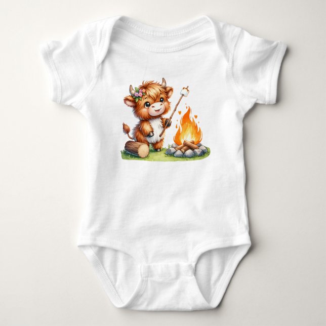 Pjattigt sött Highland-ko Smores Camping T Shirt (Framsida)
