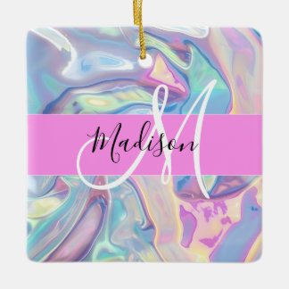Pjättjej Rosa Holografisk Iridescent Monogram Namn Julgransprydnad Keramik