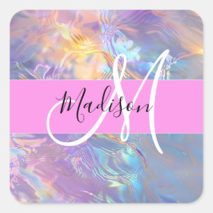 Pjättjej Rosa Holografisk Iriserande Monogram Namn Fyrkantigt Klistermärke