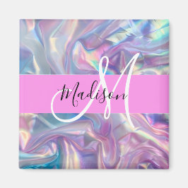 Pjättjej Rosa Holografisk Iriserande Monogram Namn Magnet