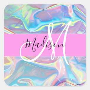 Pjättjej Rosa Holografiskt Iriserande Monogramnamn Fyrkantigt Klistermärke