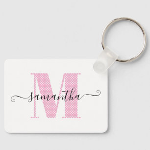 Pjättjejagtig ljusrosa och vit prickig monogram nyckelring