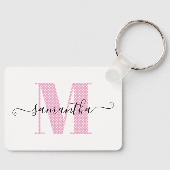 Pjättjejagtig ljusrosa och vit prickig monogram nyckelring (Framsida)