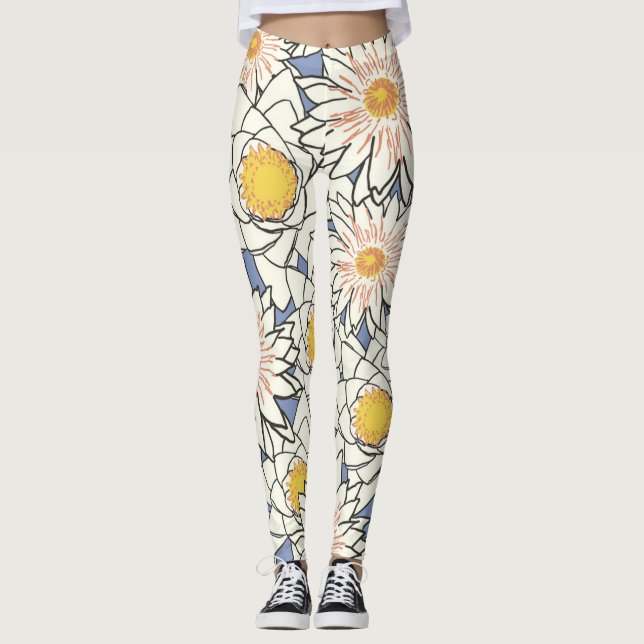 Pjollrig Gul Blå Vit Stora Blommor Kvinna Leggings (Framsida)