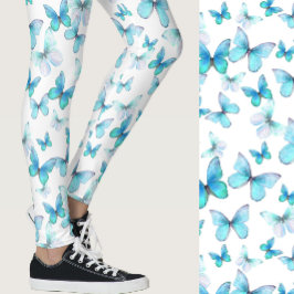 Pjollrig ljusblå fjäril fantasifull mönster leggings