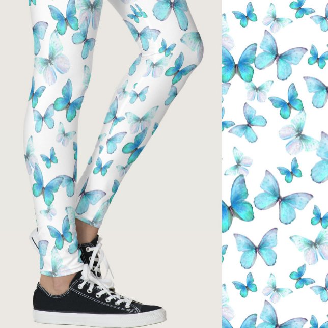 Pjollrig ljusblå fjäril fantasifull mönster leggings (Skapare uppladdad)