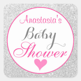 Pjonk Prinsessa Rosa och Silver Glitter Babyfirand Fyrkantigt Klistermärke