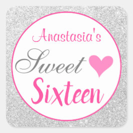 Pjonk Prinsessa Rosa & Silver Glitter Sweet Sixtee Fyrkantigt Klistermärke