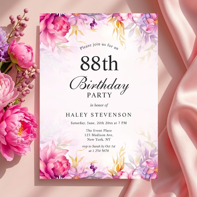 Pjonkig Blommig Pastell Akvarell Chic 88-årsdag Inbjudningar (Skapare uppladdad)