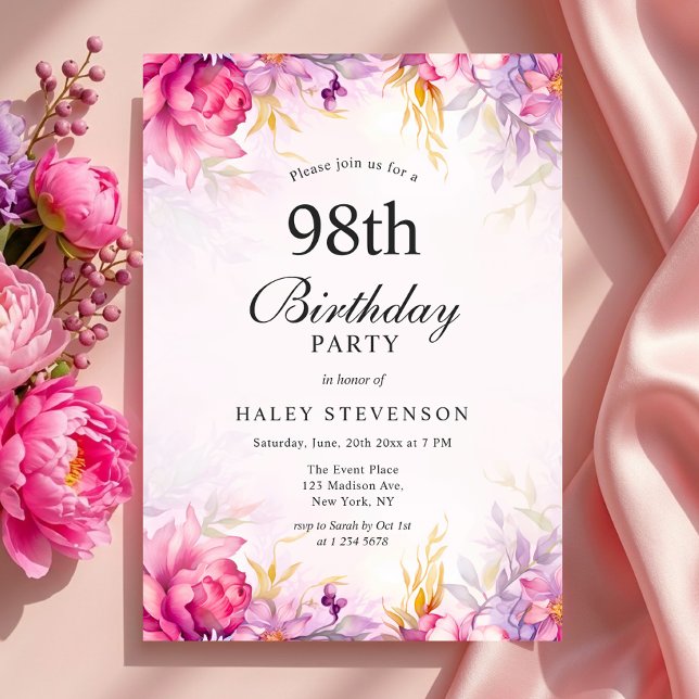 Pjonkig blommig pastell akvarell chic 98-årsdag inbjudningar (Skapare uppladdad)