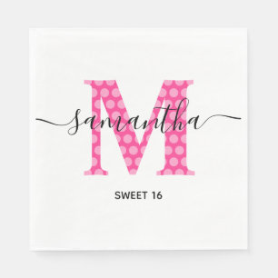 Pjonkiga Rosa Prickiga Monogram Söta 16 Pappersservett