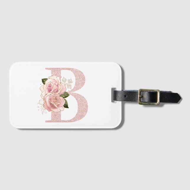 Pjonkigt blekt roséguld glitter blomstermonogram B Bagagebricka (Framsida horisontal)