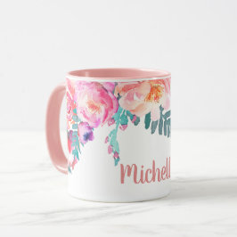 Pjonkrosa blommor Elegant personlig namn Mugg