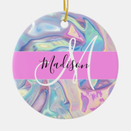 Pjonkrosa holografiskt iridiserande monogramnamn julgransprydnad keramik