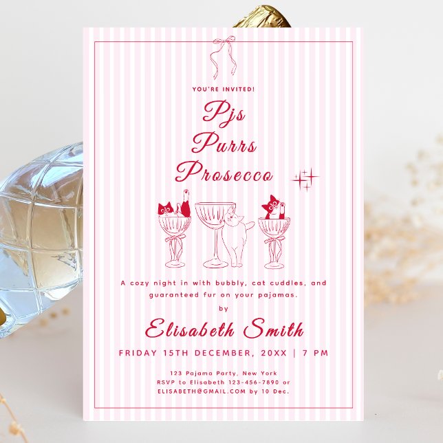 PJs, Purrs & Prosecco Katt Pyjamas Party Inbjudan (PJs, Purrs & Prosecco Cat Pajama Party Invitation)