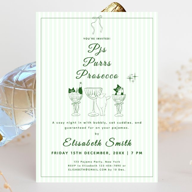 PJs, Purrs & Prosecco Katt Pyjamas Party Inbjudan (PJs, Purrs & Prosecco Cat Pajama Party Invitation)