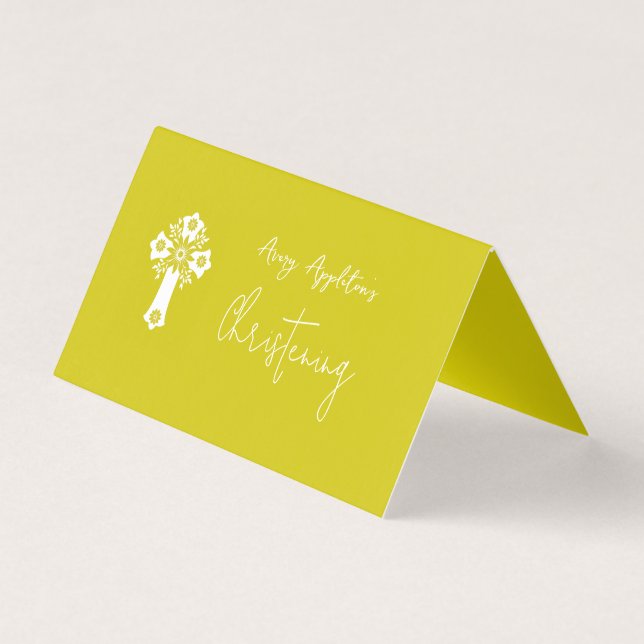 Place Card Floral Cross Christening Yellow Kort (Baksida)