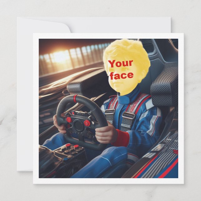 Placera min ansikte i bilden, formel 1 racingbil kort (Framsida)