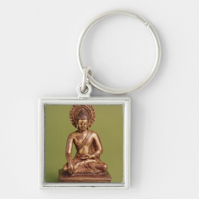 Placerade Buddha Fyrkantig Silverfärgad Nyckelring (Framsidan)
