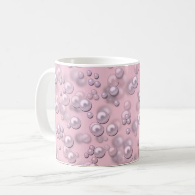 Placeringar av vit-rosa pärlor på rosa sammet kaffemugg (Framsida vänster)