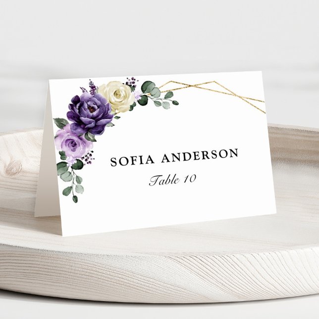 Placeringskort för lila Plommon i Elfenbenskusten  Bordsnummer (Purple floral geometric place card)