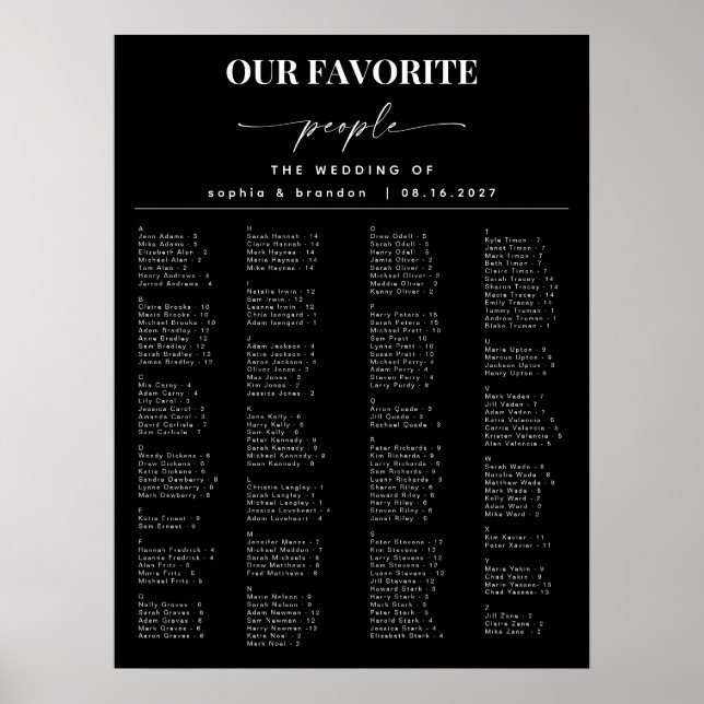 Placeringsschema för alfabetisk Bröllop i elegant Poster (Framsidan)