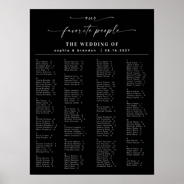 Placeringsschema för alfabetisk Bröllop i elegant Poster (Framsidan)