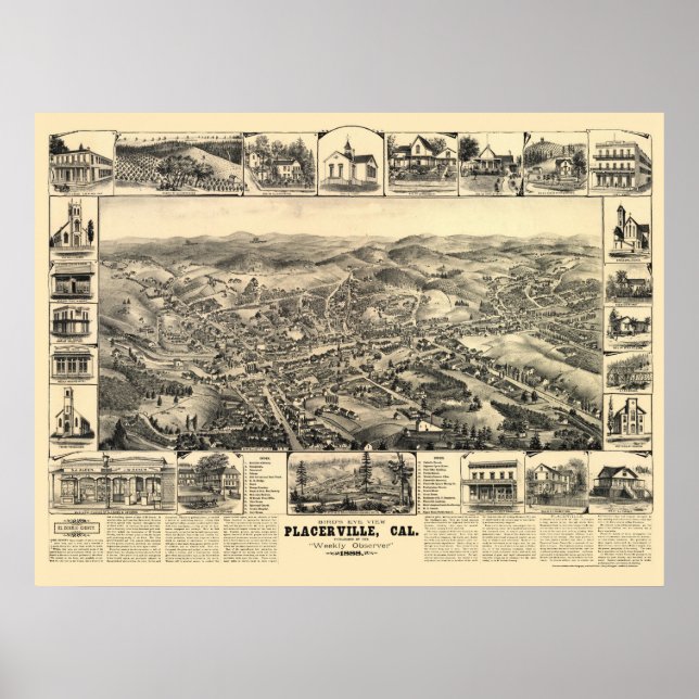 Placerville, CA Panoramic Karta - 1888 Poster (Framsidan)