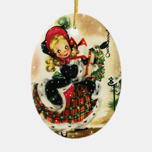 Pläd- och pälsjulflicka julgransprydnad keramik (Framsidan)
