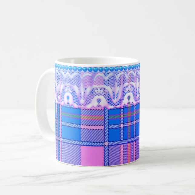 Plade och snöre lila blue rosa gullgig kaffemugg (Framsida vänster)