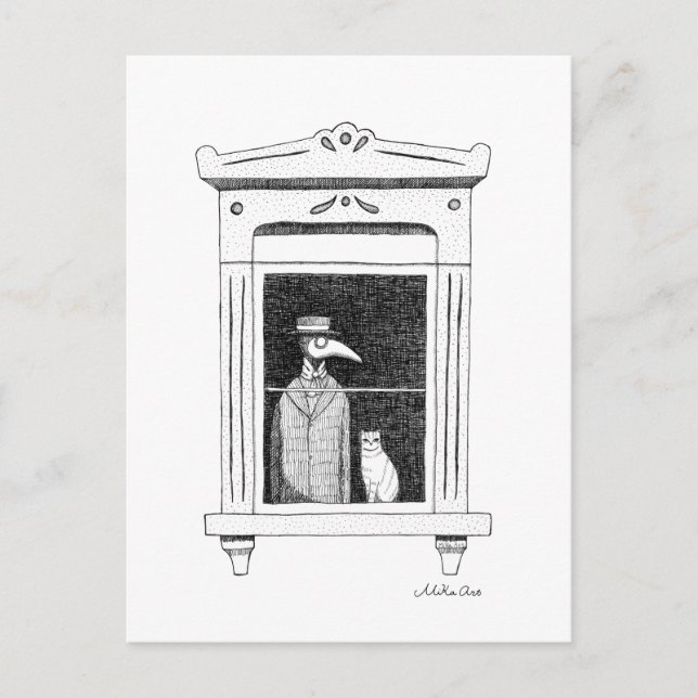 Plague Doktor med katt vid ett fönster Steampunk a Vykort (Framsida)