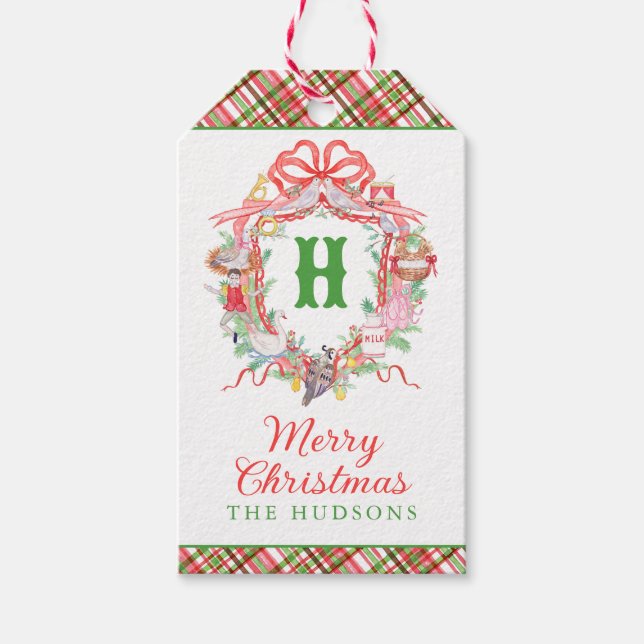 Plaid 12 Days of Christmas Monogram Kröningsvapen Presentetikett (Framsidan)