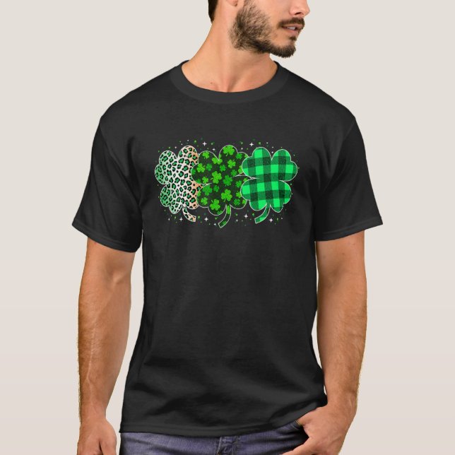 Plaid 3 Lucky Shamrock Green Leopard Irish St Patr T Shirt (Framsida)
