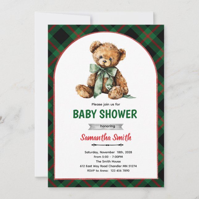 Plaid Bear Baby Shower invitation Inbjudningar (Framsida)