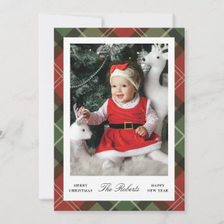 Plaid Border Christmas and New Year Photo Card Julkort