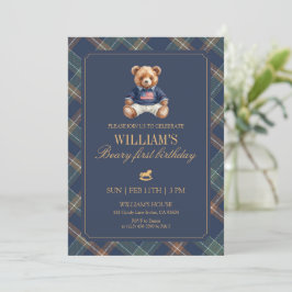 Plaid Boy Teddy Navy Tartan Bear 1st Birthday Inbjudningar
