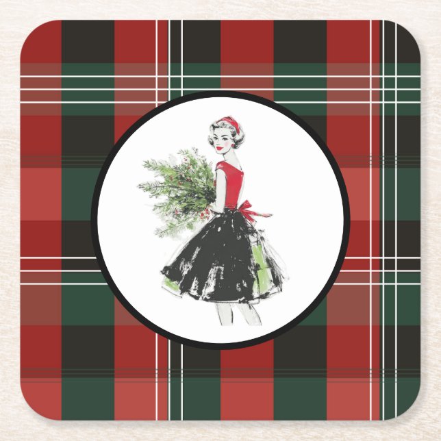 Plaid Christmas Coaster  Underlägg Papper Kvadrat (Framsidan)
