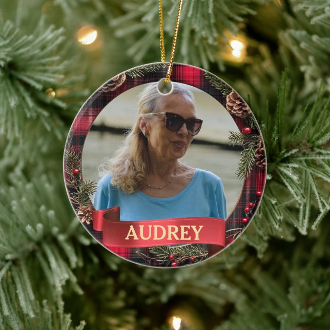Plaid Christmas Wreath ANY Photo Tree Ornament (Träd)