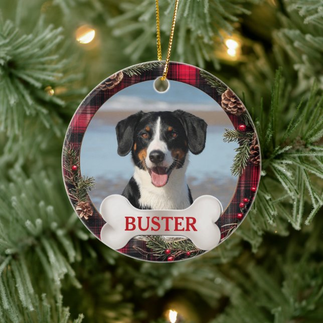 Plaid Christmas Wreath Dog Photo Tree Ornament (Träd)