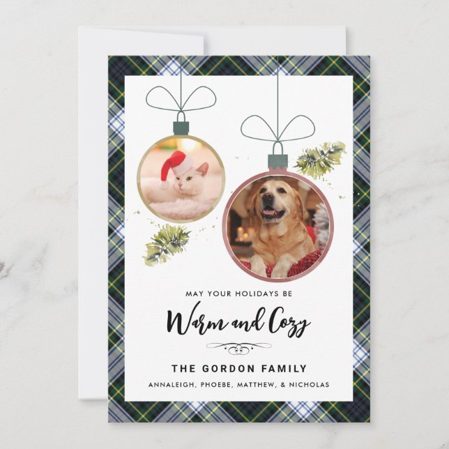 Plaid Family Christmas 2 Pet Photos Gordon Tartan Julkort (Framsida)