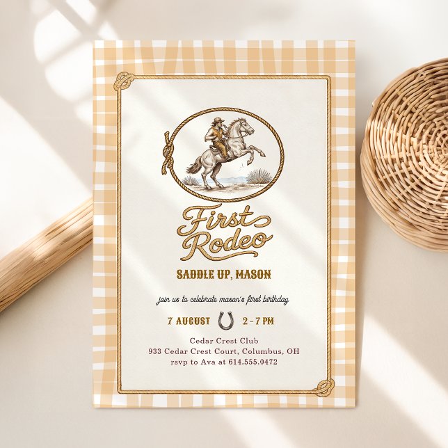 Plaid Gingham Cowboy First Rodeo 1st Birthday Inbjudningar (Skapare uppladdad)